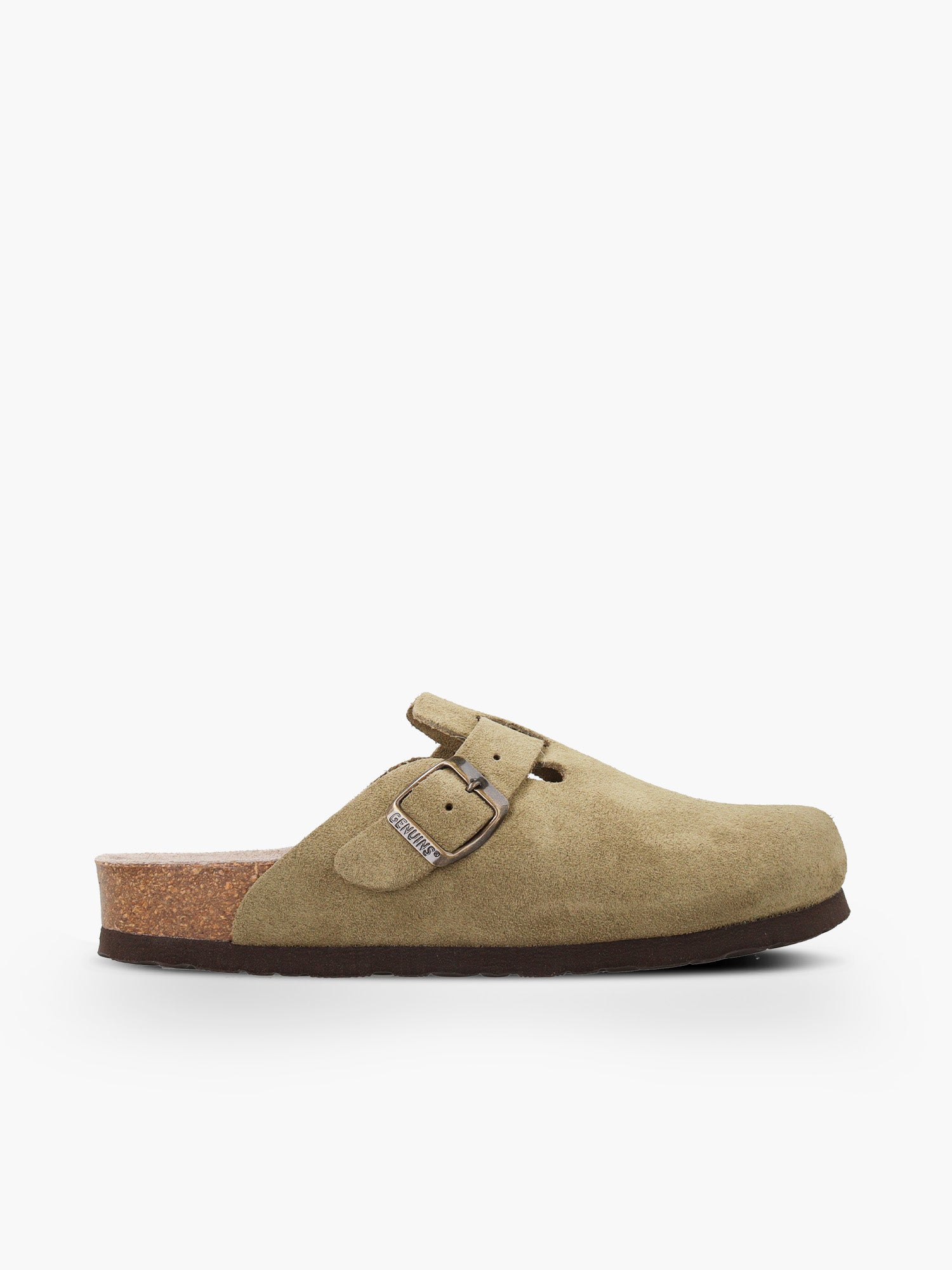 Zueco Genuins Riva de piel serraje color kaki con planta anatómica de corcho y hebilla ajustable metálica, vista lateral  