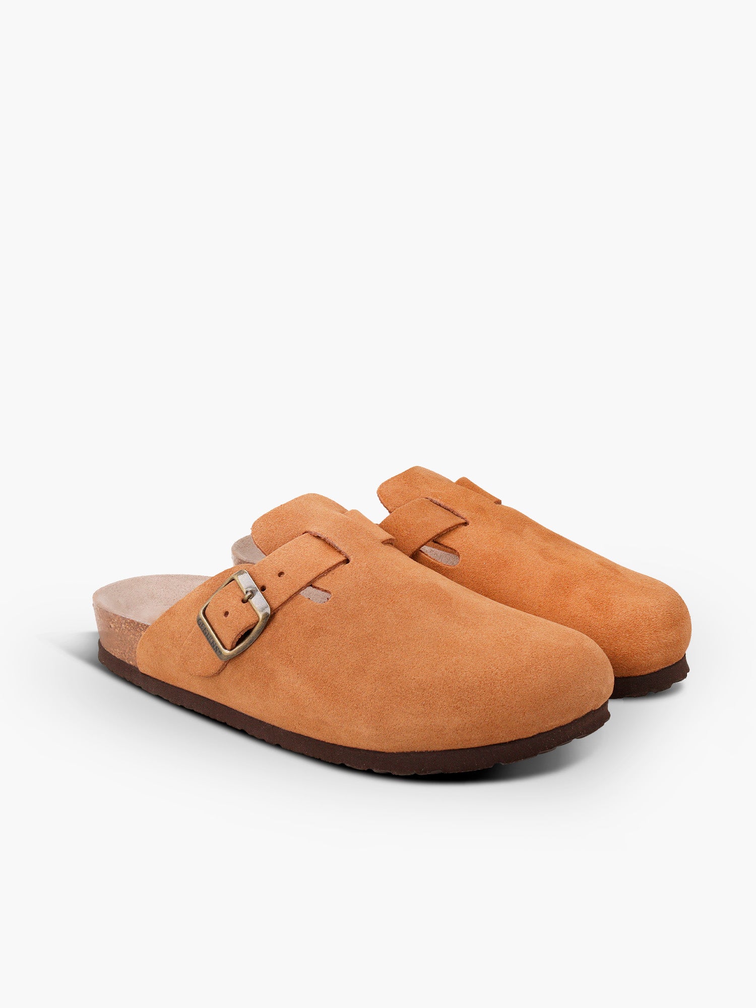 Zueco Genuins Riva  de piel serraje color marron camel con planta anatómica de caucho corcho y hebilla ajustable metálica para mujer vista doble