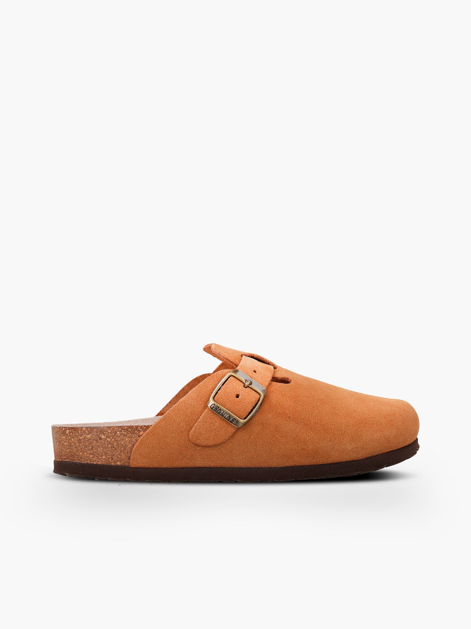 Zueco Genuins Riva  de piel serraje color marron camel con planta anatómica de caucho corcho y hebilla ajustable metálica para mujer en vista lateral  