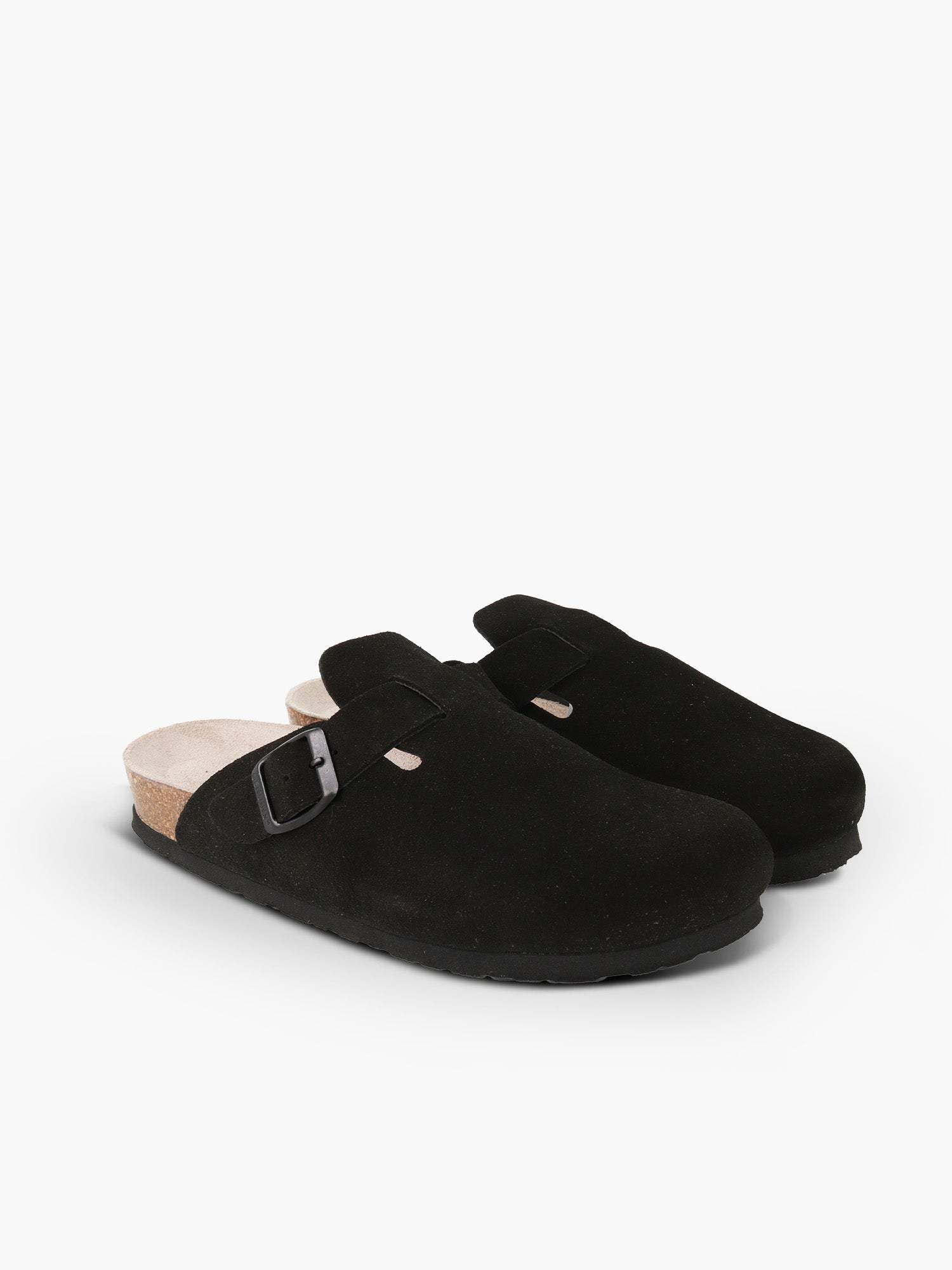 Zueco Genuins Riva  de piel serraje color negro  con planta anatómica de caucho corcho y hebilla ajustable metálica para mujer en vista doble