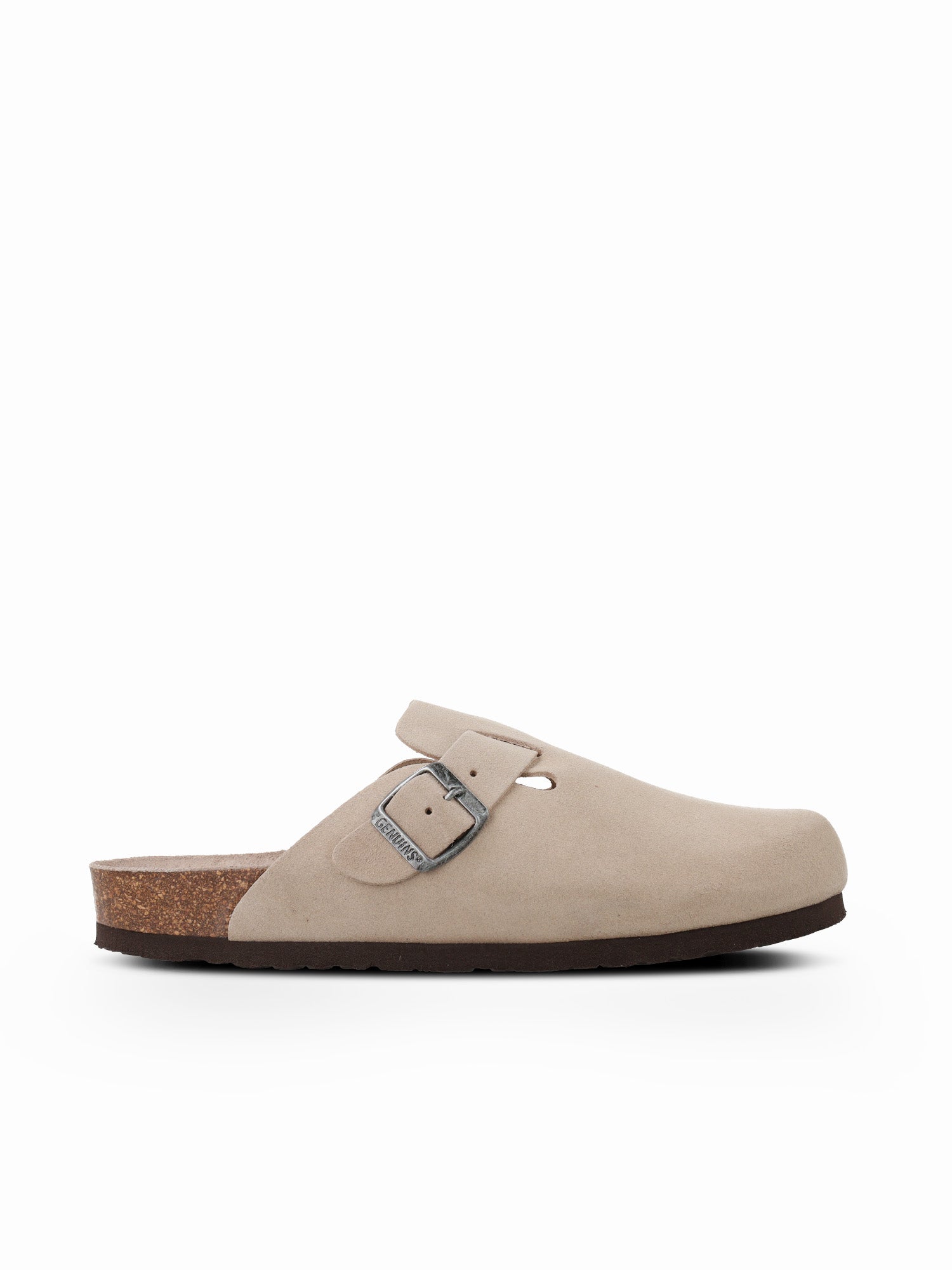 Zueco Genuins Riva  de piel serraje color taupe  con planta anatómica de caucho corcho y hebilla ajustable metálica para mujer en vista lateral  